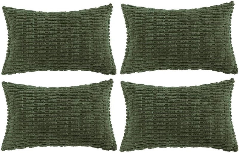 Fancy Homi 4 Packs Boho Olive Green Decorative Throw Pillow Covers 12x20 Inch for Couch Bed Sofa, Rustic Modern Farmhouse Home Decor, Soft Plush Corduroy Cute Square Cushion Case 30x50 cm - Image 1