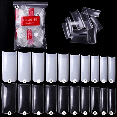 COSLIFESTORE-500pcs Acrylic Long Square French Style False Nails, 10 Sizes, 50pcs Each, Matte Finish, Transparent Color, Solid Pattern, Full Well Tips, Professional Nail Art Tips for Salon & DIY (LONG, NATURAL) - Image 1