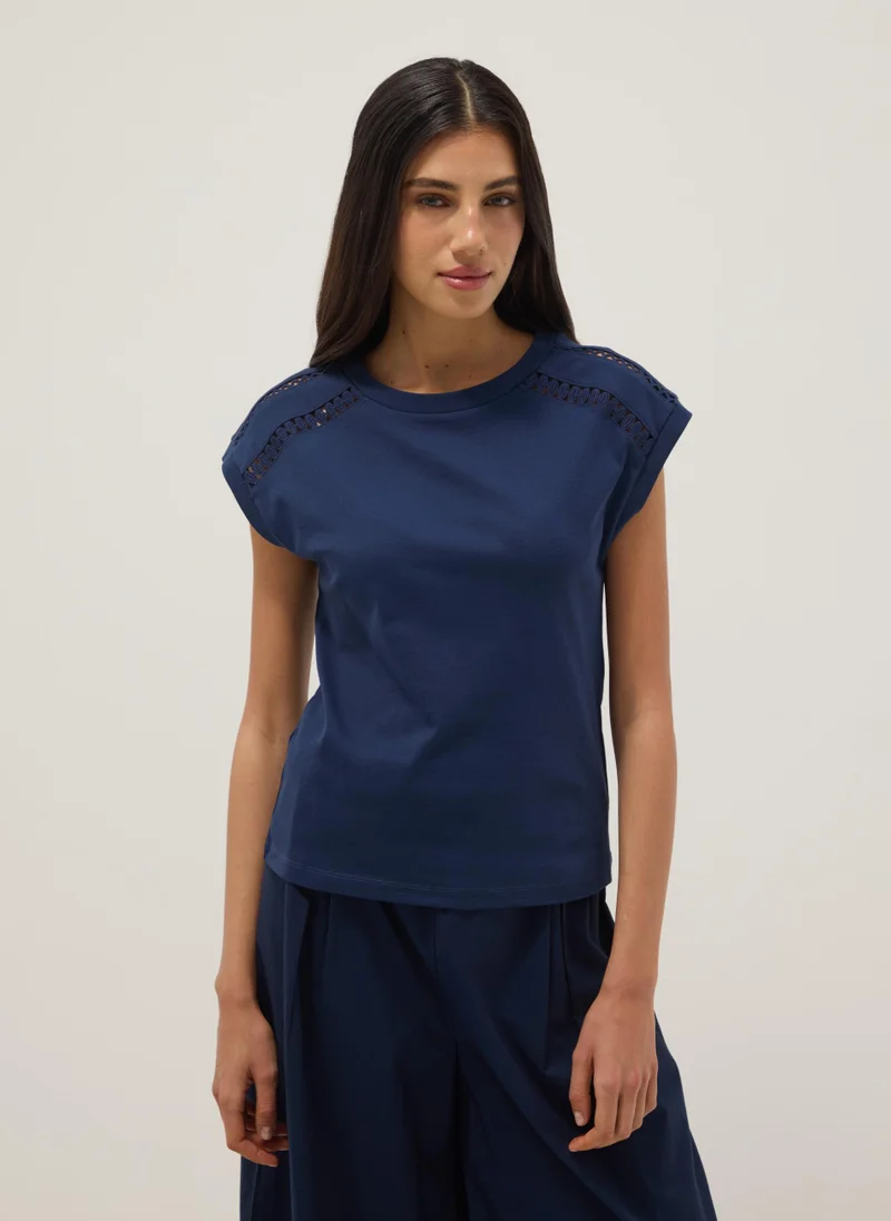 Ovs  OVS Blue Pure Cotton T-Shirt With Perforated Inserts for Women | Best Price UAE