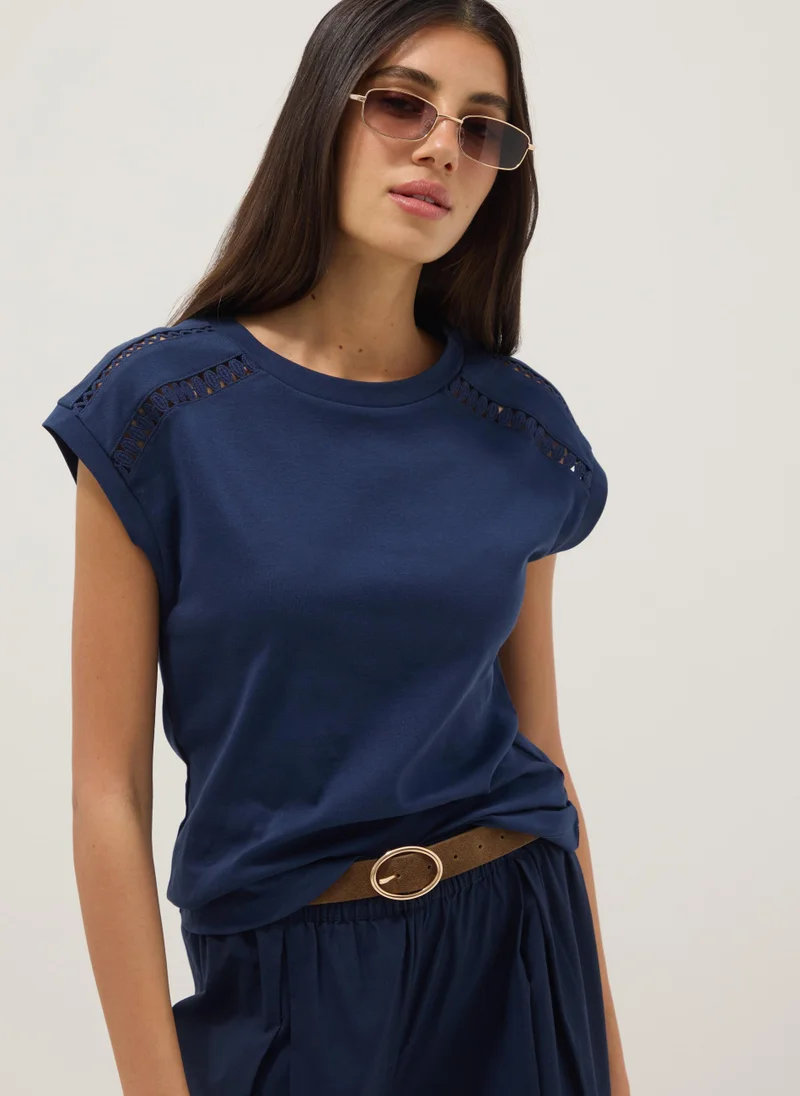 او في اس OVS Blue Pure Cotton T-Shirt With Perforated Inserts