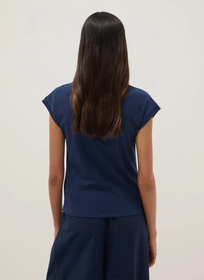 Ovs  OVS Blue Pure Cotton T-Shirt With Perforated Inserts for Women | Best Price UAE