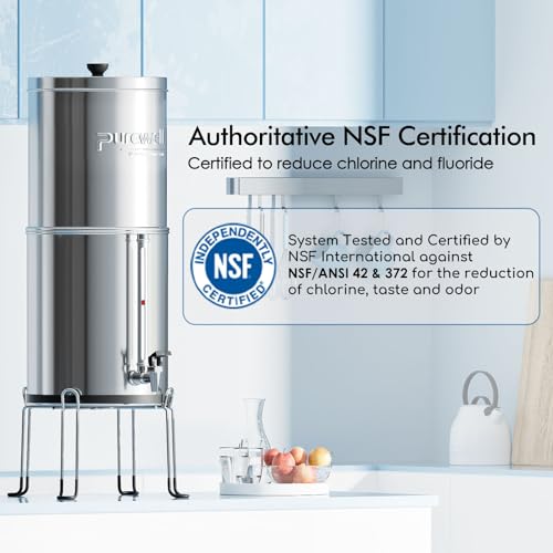 Purewell 3-Stage 0.01μm Ultra-Filtration Gravity Water Filter System, 304 Stainless Steel Countertop System with 2 Filters, Metal Water Level Spigot and Stand, Reduce 99% Chlorine, 2.25G, PW-OB-K - Image 3