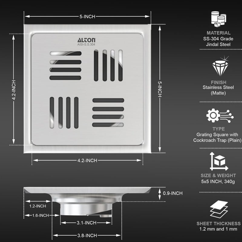 Alton ALTON ALD1001, SS-304 Grade, 5x5 INCH Plain, Bathroom Grating Square Floor Drain Jali with Cockroach Trap, Matte - Image 2