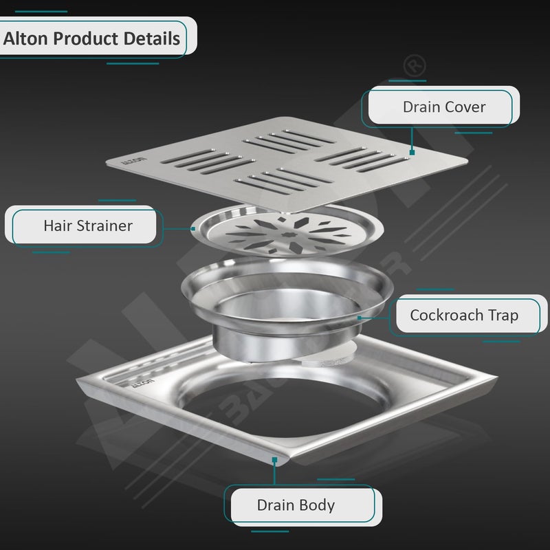 Alton ALTON ALD1001, SS-304 Grade, 5x5 INCH Plain, Bathroom Grating Square Floor Drain Jali with Cockroach Trap, Matte - Image 3