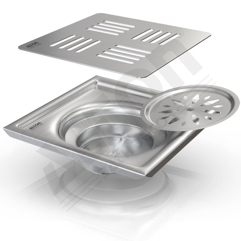Alton ALTON ALD1001, SS-304 Grade, 5x5 INCH Plain, Bathroom Grating Square Floor Drain Jali with Cockroach Trap, Matte - Image 1