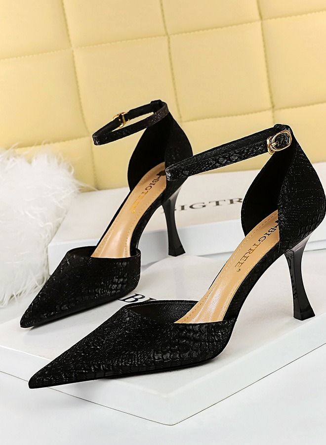 BIGTREE Pointed One-Line High-Heeled Sandals 8CM Black - Image 1