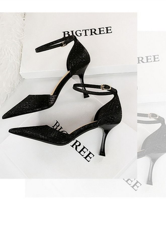 BIGTREE Pointed One-Line High-Heeled Sandals 8CM Black - Image 2