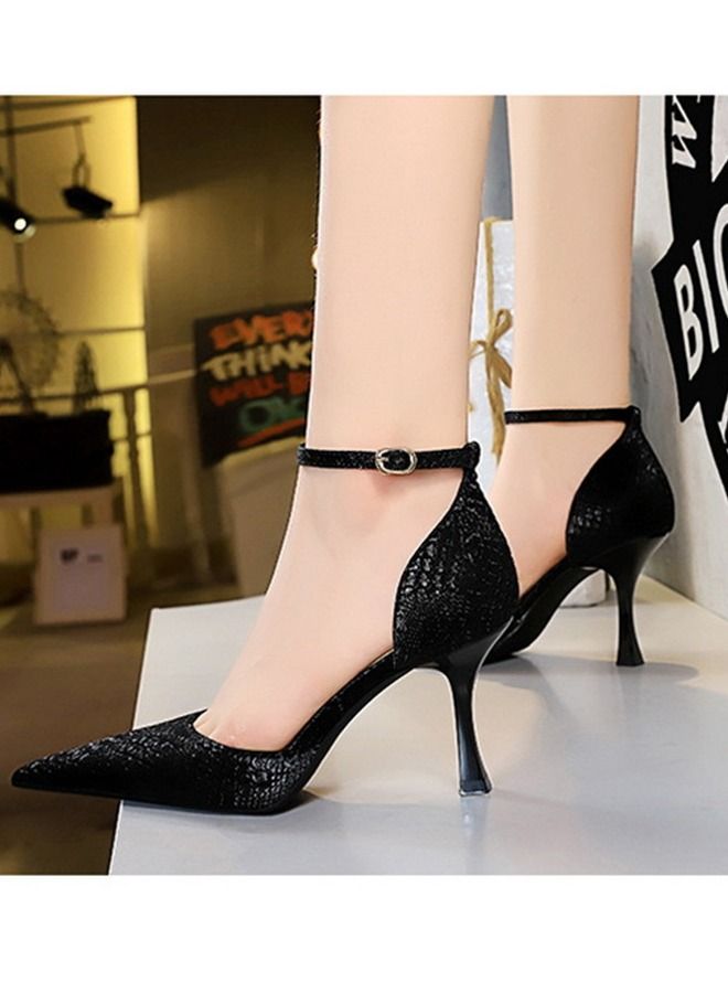 BIGTREE Pointed One-Line High-Heeled Sandals 8CM Black - Image 4