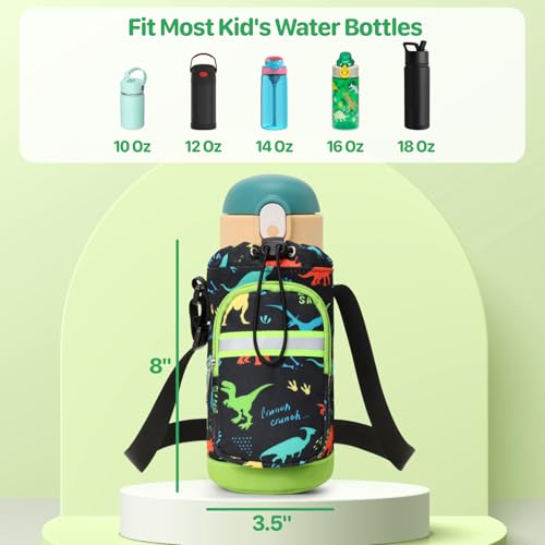 BrainyBees Water Bottle Holder for Kids Water Bottle Carrier with Zipper Pocket Strap Crossbody Sling Bag Fits 1018 oz Protective Sleeve for School Hiking Black Dinosaur - Image 3