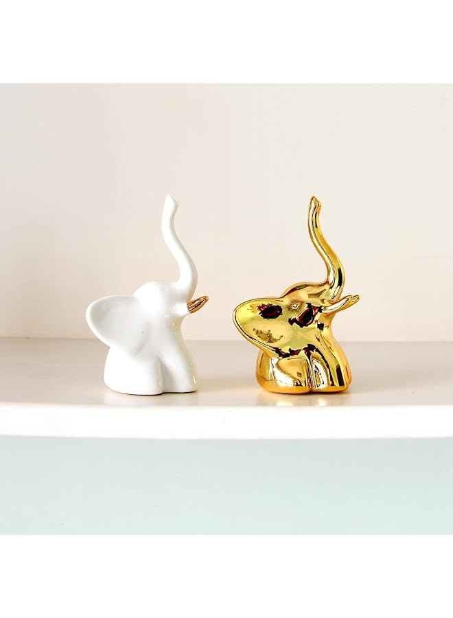 إيروريكس ديكور منزلي تماثيل الفيل زوج واحد من تماثيل الفيل الصغيرة لهجات زخرفية للأرفف وغرفة المعيشة وغرفة النوم هدية للعائلة والأصدقاء باللونين الذهبي والأبيض - Image 2