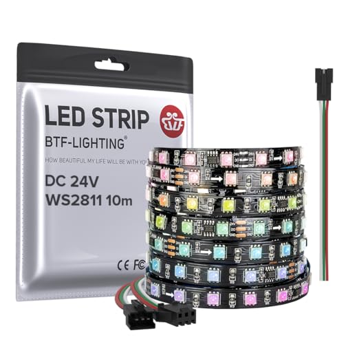BTF-LIGHTING WS2811 DC24V 32FT Addressable RGB LED Strip 600LEDs 100Pixels Dream Color Black PCB IP30 Non-Waterproof Works with Arduino/Respberry/etc Prevent Voltage Droping(No Adapter or Controller) - Image 1