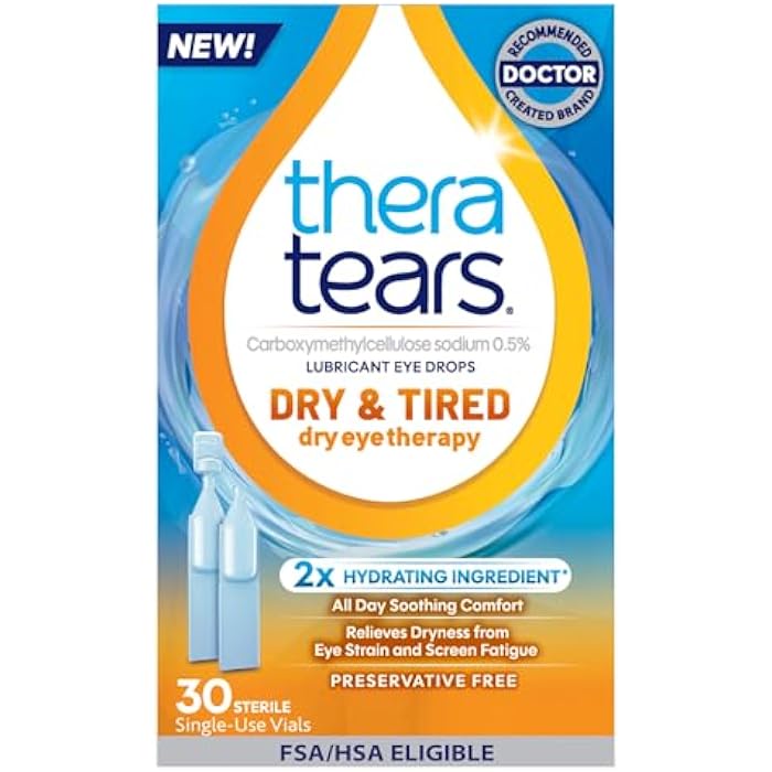 TheraTears Dry & Tired Preservative-Free Eye Drops for Dry Eye Relief and Daily Eye Care, 30 Single-Use Vials - Image 1