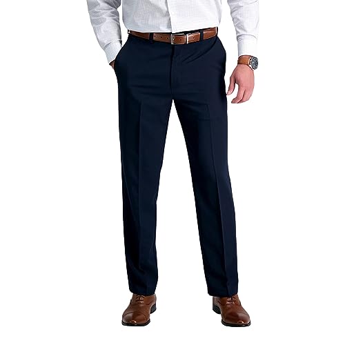 Haggar mens Cool 18 Stria Hidden Expandable Waistband Plain Front casual pants, Navy, 36W x 32L US - Image 2