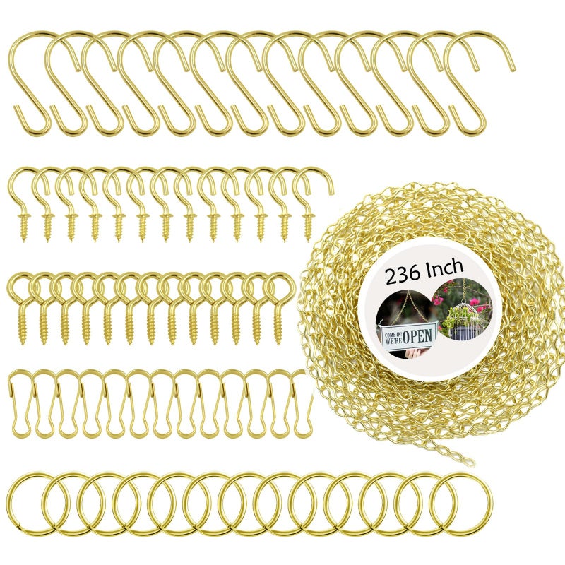 YINGFENG 236 Inch Gold Hanging Baskets Chains - Adjustable Length, Brass Decorative Metal Chain with A Great Assortment of Hooks for Hanging Bird Feeders Planters Baskets Billboards Ornaments, Chain Hooks DIY - Image 1