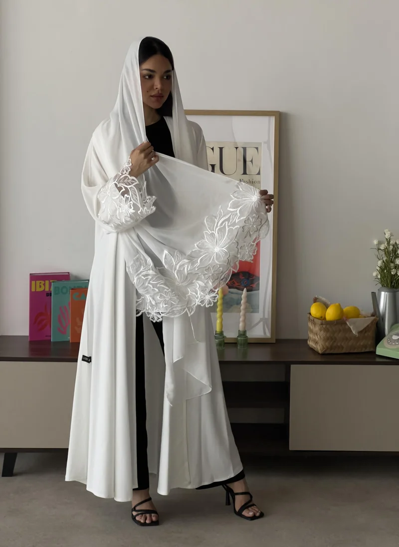 Lusin Abaya White Abaya with Floral Embroidery on Sleeves and Matching Scarf