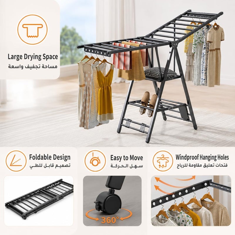 Pomefar Carbon Steel Clothes Drying Rack, 3-Tier Clothes Drying Stand, Foldable Laundry Standing Dry Racks for Indoor Outdoor Use (160cm) - Image 4