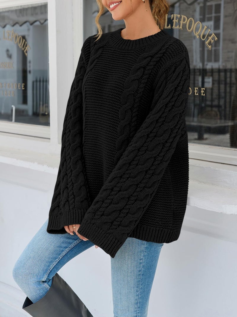 Yousify Womens Oversized Cable Knit Sweaters Long Sleeve Crewneck Casual Fall Chunky Pullover Vintage Loose Fit Sweater Tops Black - Image 3