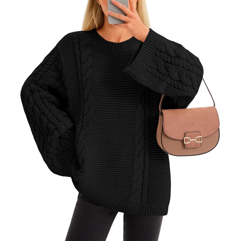 Yousify Womens Oversized Cable Knit Sweaters Long Sleeve Crewneck Casual Fall Chunky Pullover Vintage Loose Fit Sweater Tops Black - Image 1