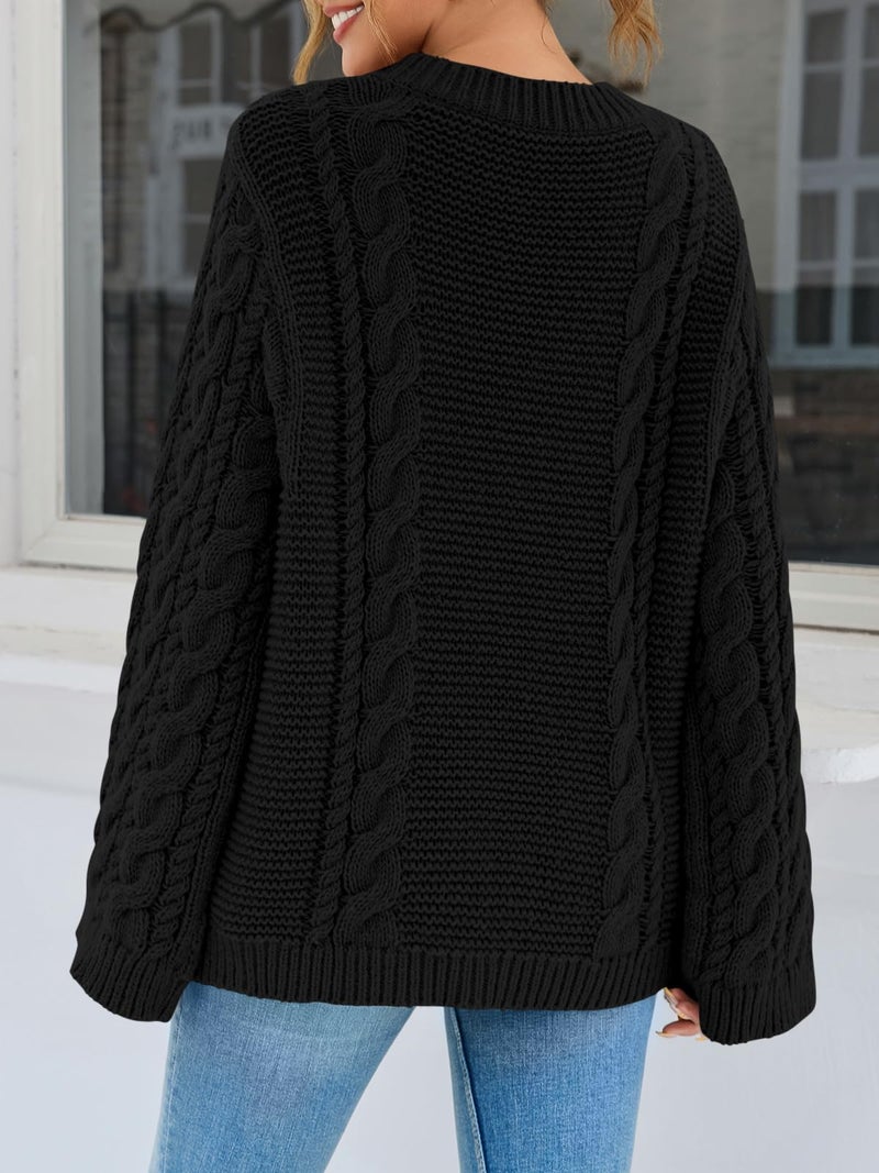 Yousify Womens Oversized Cable Knit Sweaters Long Sleeve Crewneck Casual Fall Chunky Pullover Vintage Loose Fit Sweater Tops Black - Image 4