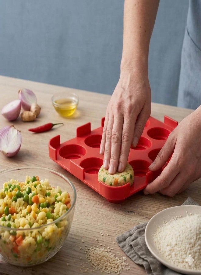 Btop® Burger Patty Maker Tray | Plastic | 12-Cavity Mould for Uniform Meat Patties (Red) - Image 5