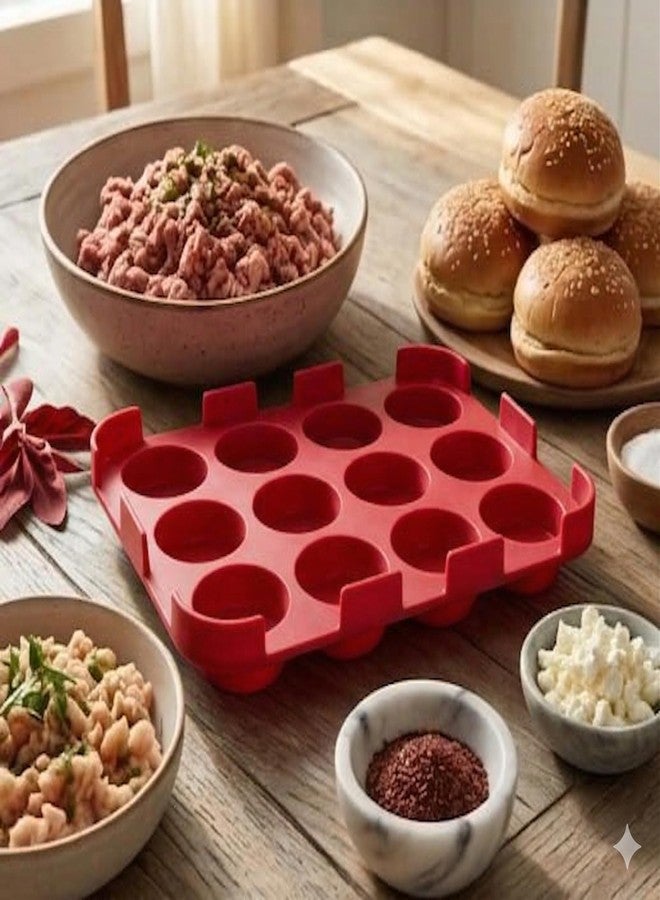 Btop® Burger Patty Maker Tray | Plastic | 12-Cavity Mould for Uniform Meat Patties (Red) - Image 3