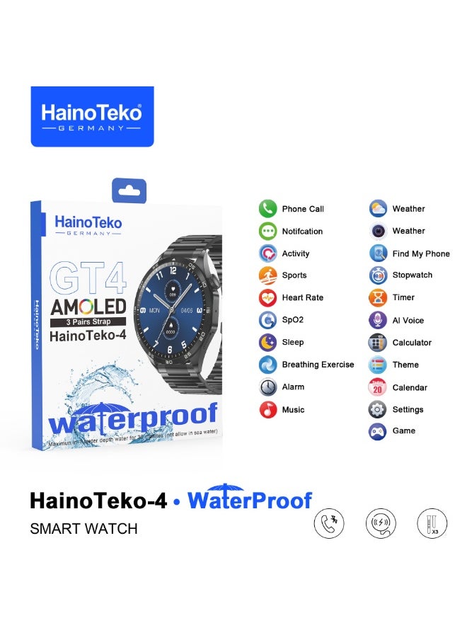 Haino Teko - HainoTeko-4 Smart Watch, AMOLED Display, Water-Resistant Titanium Case, 3 Straps, Calls Support, and Arabic Language BLACK - Image 1