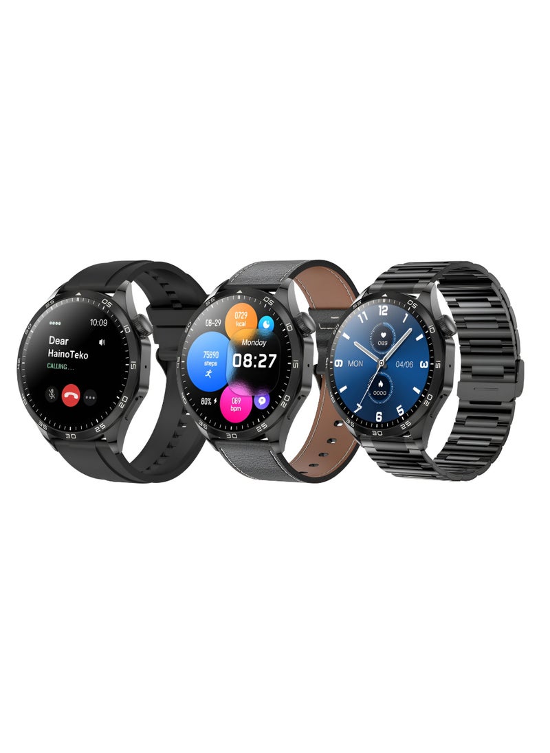 Haino Teko - HainoTeko-4 Smart Watch, AMOLED Display, Water-Resistant Titanium Case, 3 Straps, Calls Support, and Arabic Language BLACK - Image 1