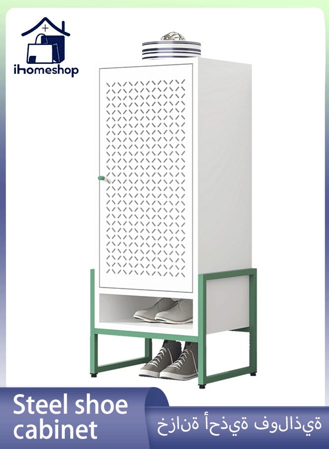آي هوم شوب خزانة تخزين أحذية معدنية مقاس 46x35x108 سم للمدخل مع أبواب و 3 أرفف، خزانة أحذية صغيرة حديثة قائمة بذاتها مع أرجل قابلة للتعديل للممر، غرفة المعيشة، الردهة، لون أبيض - Image 1