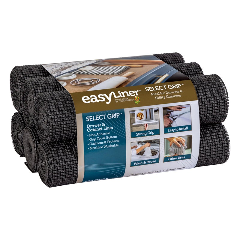 EasyLiner Select Grip Shelf Liner for Drawers  Cabinets  Easy to Install  Cut to Fit  Non Slip Non Adhesive Grip Shelf Liner Kitchen Bathroom Pantry  12in x 10ft 6 Roll Project Pack  Black