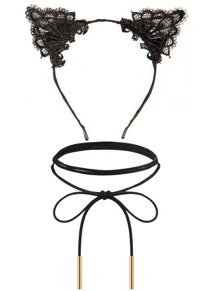 2pcs Lace Cat Ears Headband and Choker Set with - Image 2