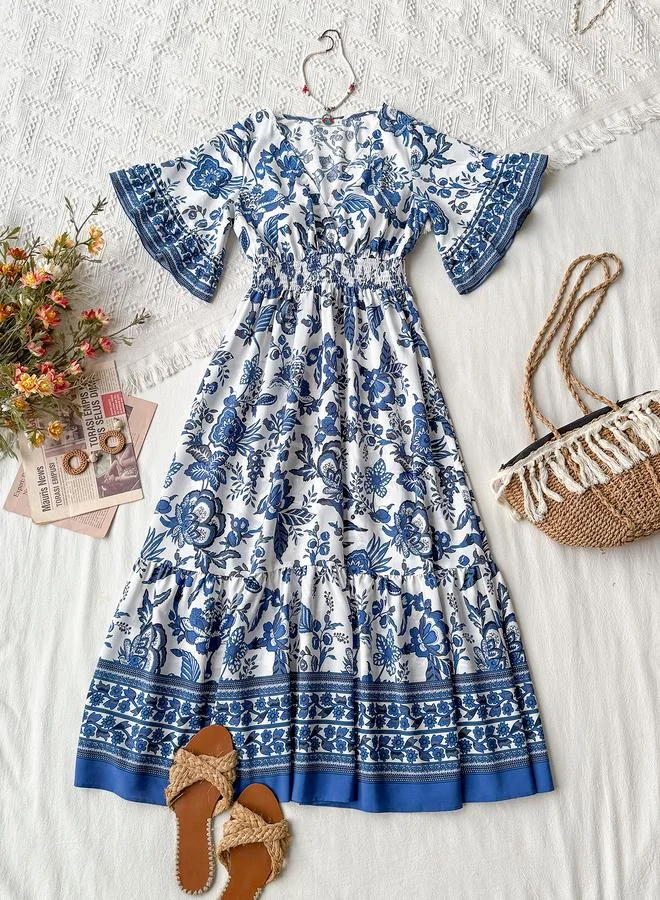 Take Two Take Two Blue Floral Maxi Dress with Flared Sleeves