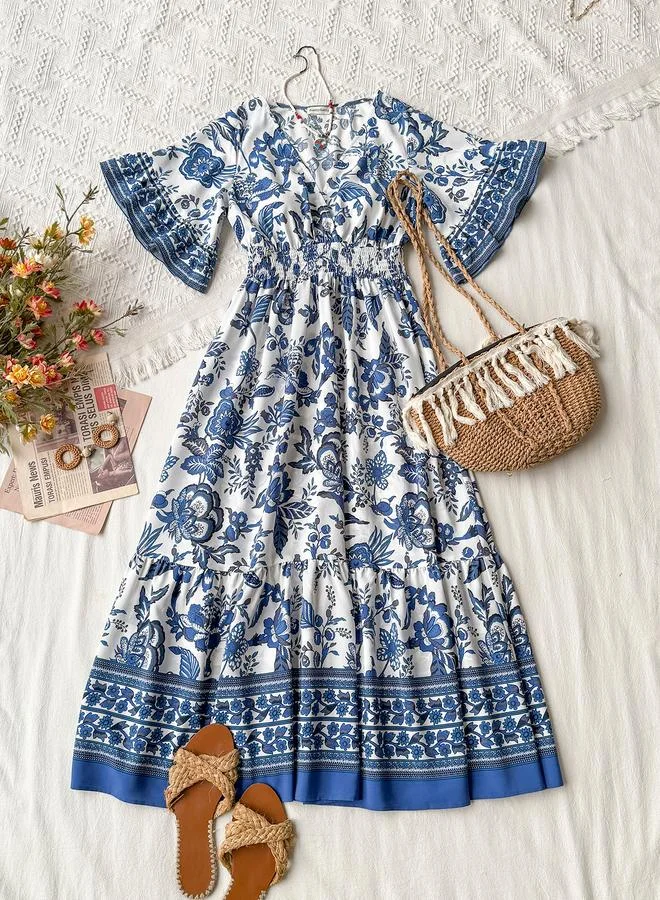 Take Two Take Two Blue Floral Maxi Dress with Flared Sleeves