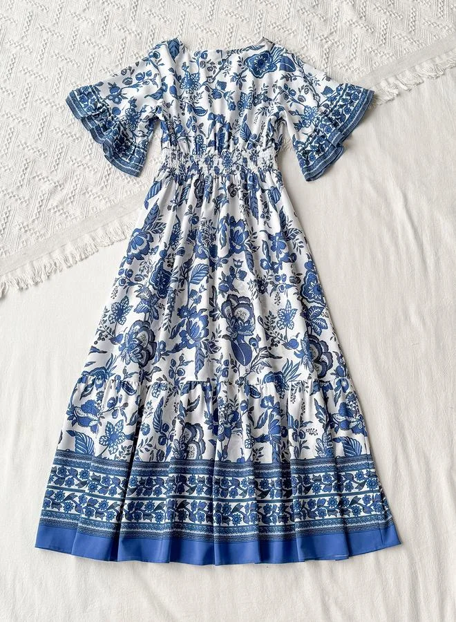 Take Two Take Two Blue Floral Maxi Dress with Flared Sleeves