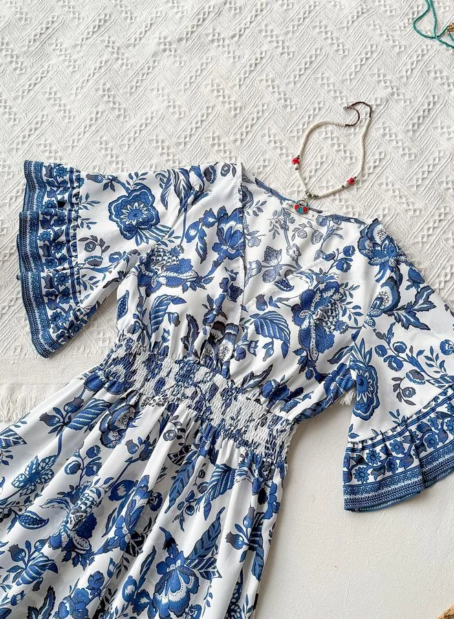 Take Two Take Two Blue Floral Maxi Dress with Flared Sleeves