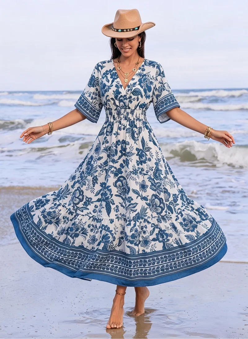 Take Two Blue Floral Maxi Dress with Flared Sleeves