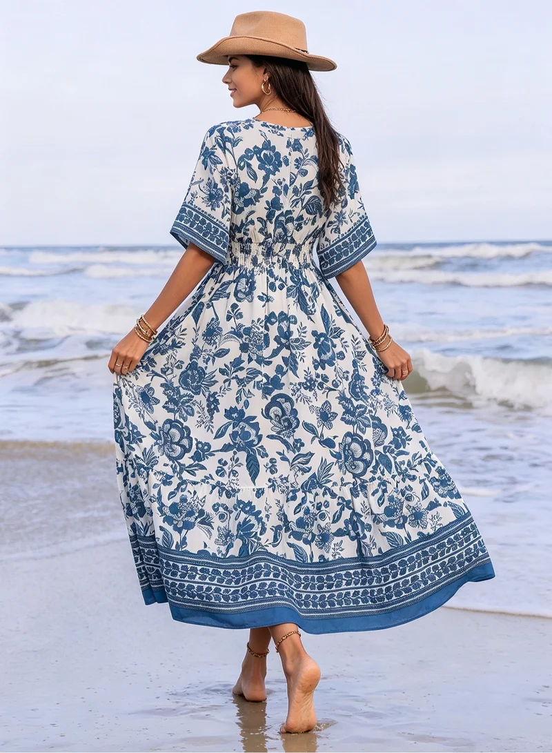 Take Two Blue Floral Maxi Dress with Flared Sleeves