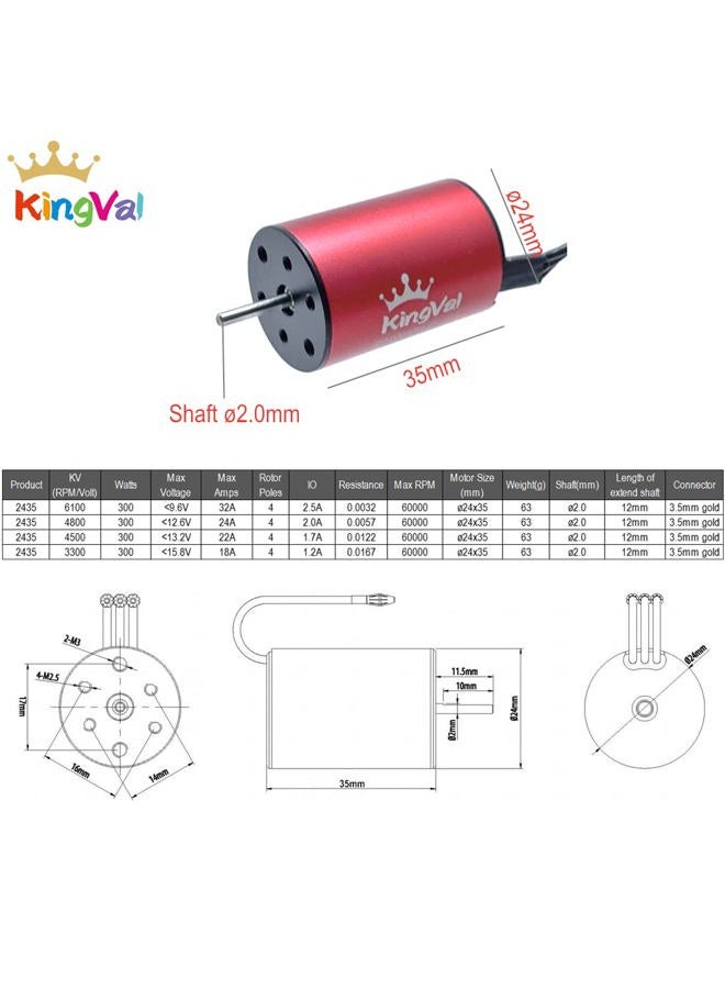 KingVal Replacement 2435 6100KV Waterproof Brushless Motor Shaft 2.0mm Compatible with 1/16 1/18 RC Car - Image 2