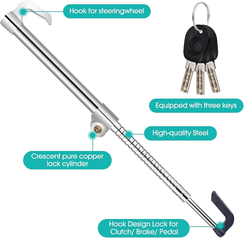 Auspicious Steering Wheel Clamp, Steering Wheel Lock for Car, Brake Pedal Clutch Lock, Retractable Hook, Immobiliser, Car, Steering Wheel Lock for Van, Car, SUV, Truck, Heavy Car Safety with 3 Keys (Silver) - Image 2