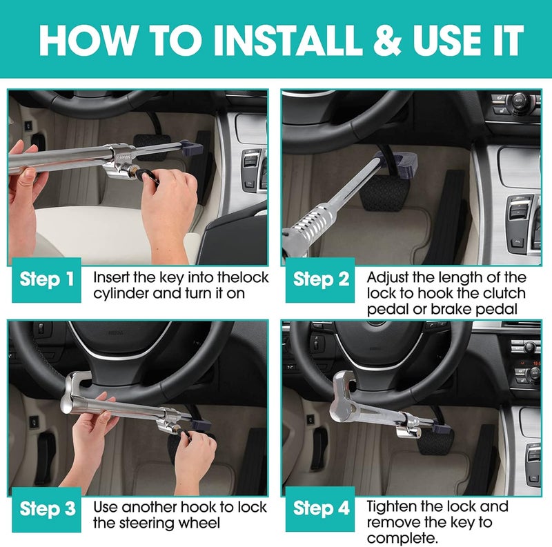 Auspicious Steering Wheel Clamp, Steering Wheel Lock for Car, Brake Pedal Clutch Lock, Retractable Hook, Immobiliser, Car, Steering Wheel Lock for Van, Car, SUV, Truck, Heavy Car Safety with 3 Keys (Silver) - Image 4