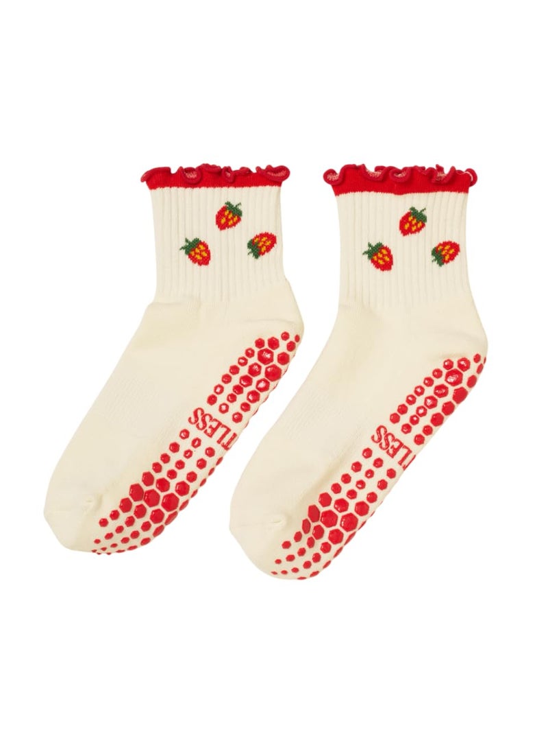 Shapes Studio Half Calf Grip Socks, Cute Fruit Pilates Socks, Ruffle Socks, Non-Slip for Barre Yoga (US, Numeric, 5, 10, Regular, Regular, Strawberry, Effortless Club) - Image 1