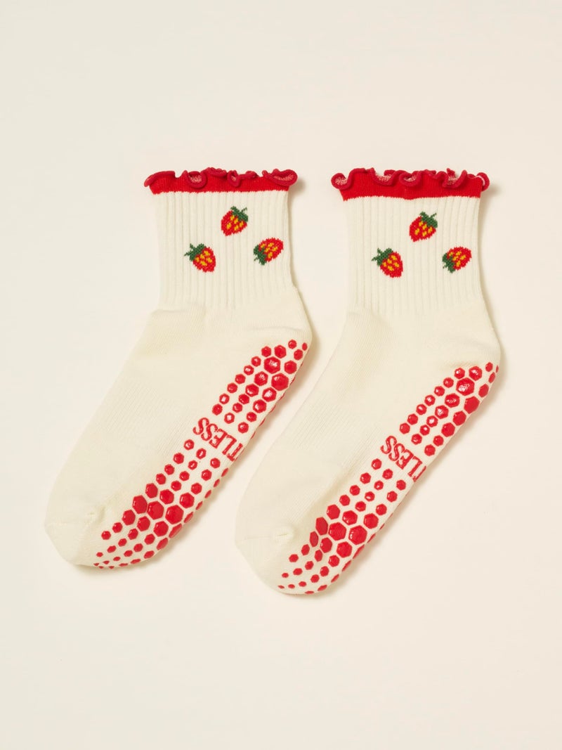 Shapes Studio Half Calf Grip Socks, Cute Fruit Pilates Socks, Ruffle Socks, Non-Slip for Barre Yoga (US, Numeric, 5, 10, Regular, Regular, Strawberry, Effortless Club) - Image 3
