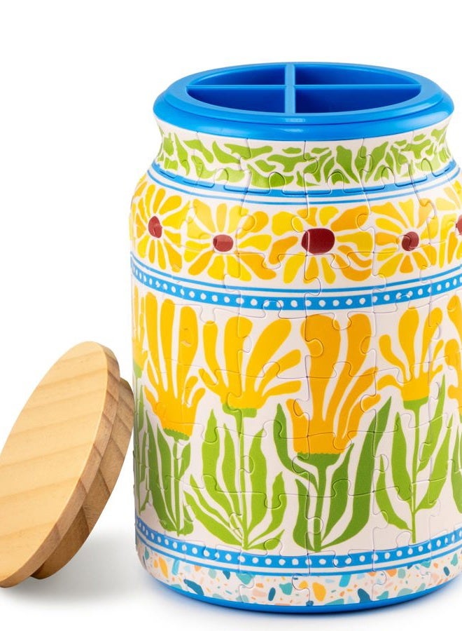PieceRelax 3D Puzzle Pen Holder - Summer Blossoms | 128 Plastic Pieces & Wooden Lid | DIY Container for DIY | Creative Gift for Home & Office [BA1016] - Image 1