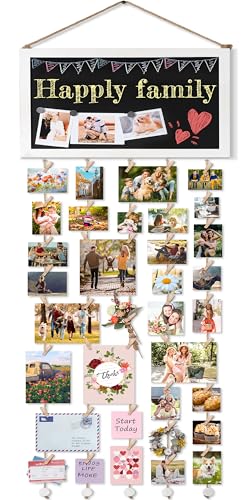 Bikoney Large Picture Board Picture Frames Collage Photo Hanging Display Wood Rustic Frames for Wall Decor and Dorm Room Decor with Blackboard Self Adhesive Hooks No Holes Drilling - Image 1