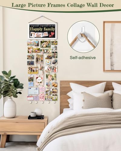 Bikoney Large Picture Board Picture Frames Collage Photo Hanging Display Wood Rustic Frames for Wall Decor and Dorm Room Decor with Blackboard Self Adhesive Hooks No Holes Drilling - Image 2
