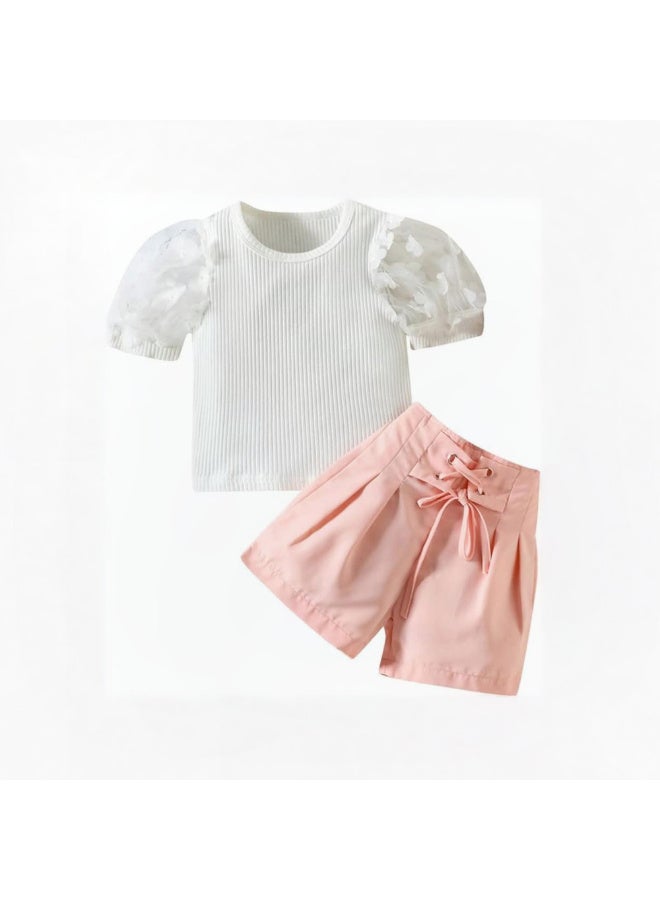 MiniMe Two-Piece Clothing Set for Girls | 60-72  Months | White & Beige | Cotton | Summer Casual Dress | T-Shirt & Shorts Set | Soft Fabric | Comfortable | Breathable | Anti-Bacterial | Party Wear - Image 1