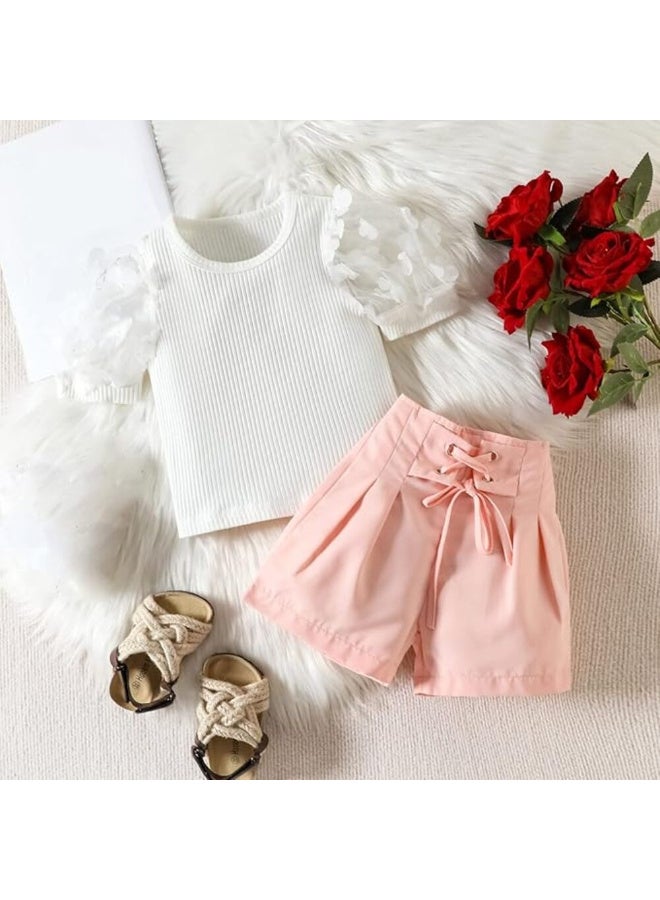 MiniMe Two-Piece Clothing Set for Girls | 60-72  Months | White & Beige | Cotton | Summer Casual Dress | T-Shirt & Shorts Set | Soft Fabric | Comfortable | Breathable | Anti-Bacterial | Party Wear - Image 2