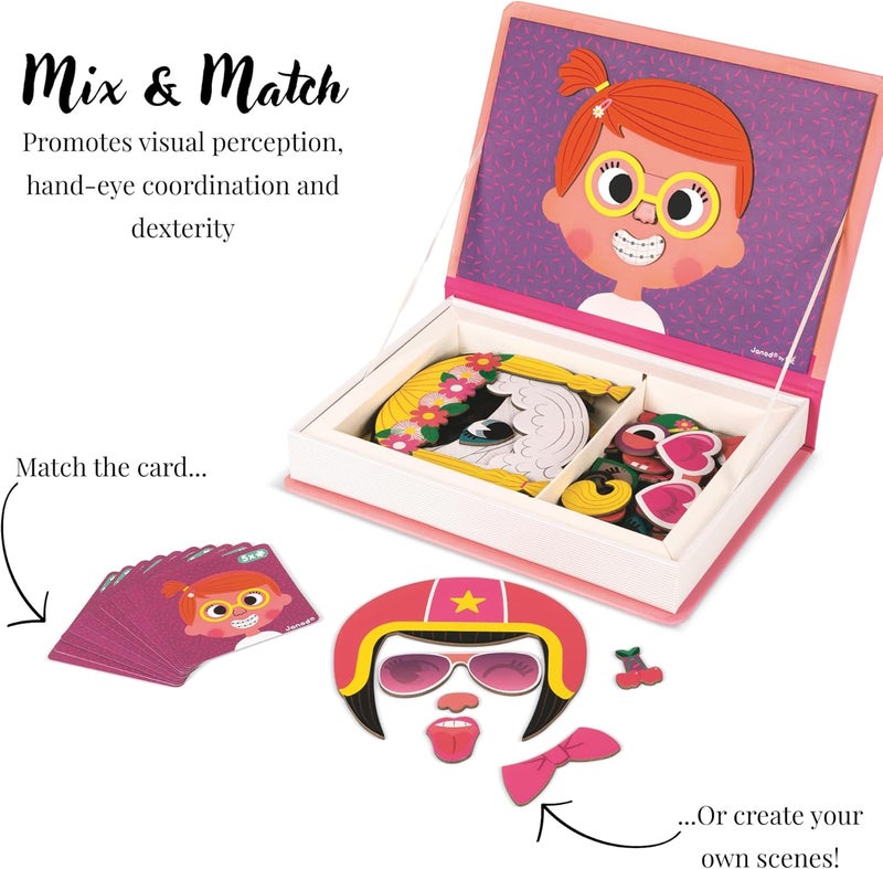 Janod MagnetiBook 66 pc Magnetic Girl Crazy Face Dress Up Game - Ages 3+ - Creative Play - Enhances Creativity and Learning - Includes 55 Magnetic Pieces and 10 Cards - Image 2
