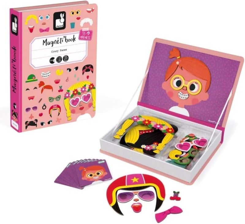 Janod MagnetiBook 66 pc Magnetic Girl Crazy Face Dress Up Game - Ages 3+ - Creative Play - Enhances Creativity and Learning - Includes 55 Magnetic Pieces and 10 Cards - Image 1