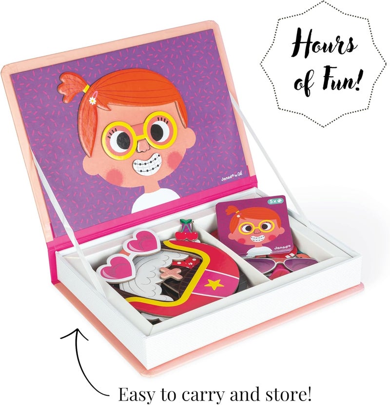 Janod MagnetiBook 66 pc Magnetic Girl Crazy Face Dress Up Game - Ages 3+ - Creative Play - Enhances Creativity and Learning - Includes 55 Magnetic Pieces and 10 Cards - Image 3