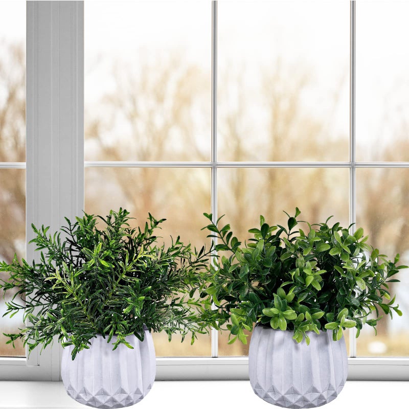 Winlyn Winlyn 3 Pcs Faux Potted Plants Set - Artificial Eucalyptus  Rosemary  Boxwood Greenery in Small White Geometric Planters for Indoor Outdoor Desk Table Centerpiece Shelf Windowsill Home Office Decor - Image 4